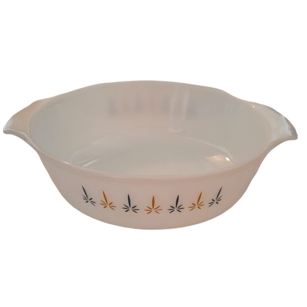 60's Fire King Ovenware Atomic Star Starburst White Milk‎ Glass Baking Dish